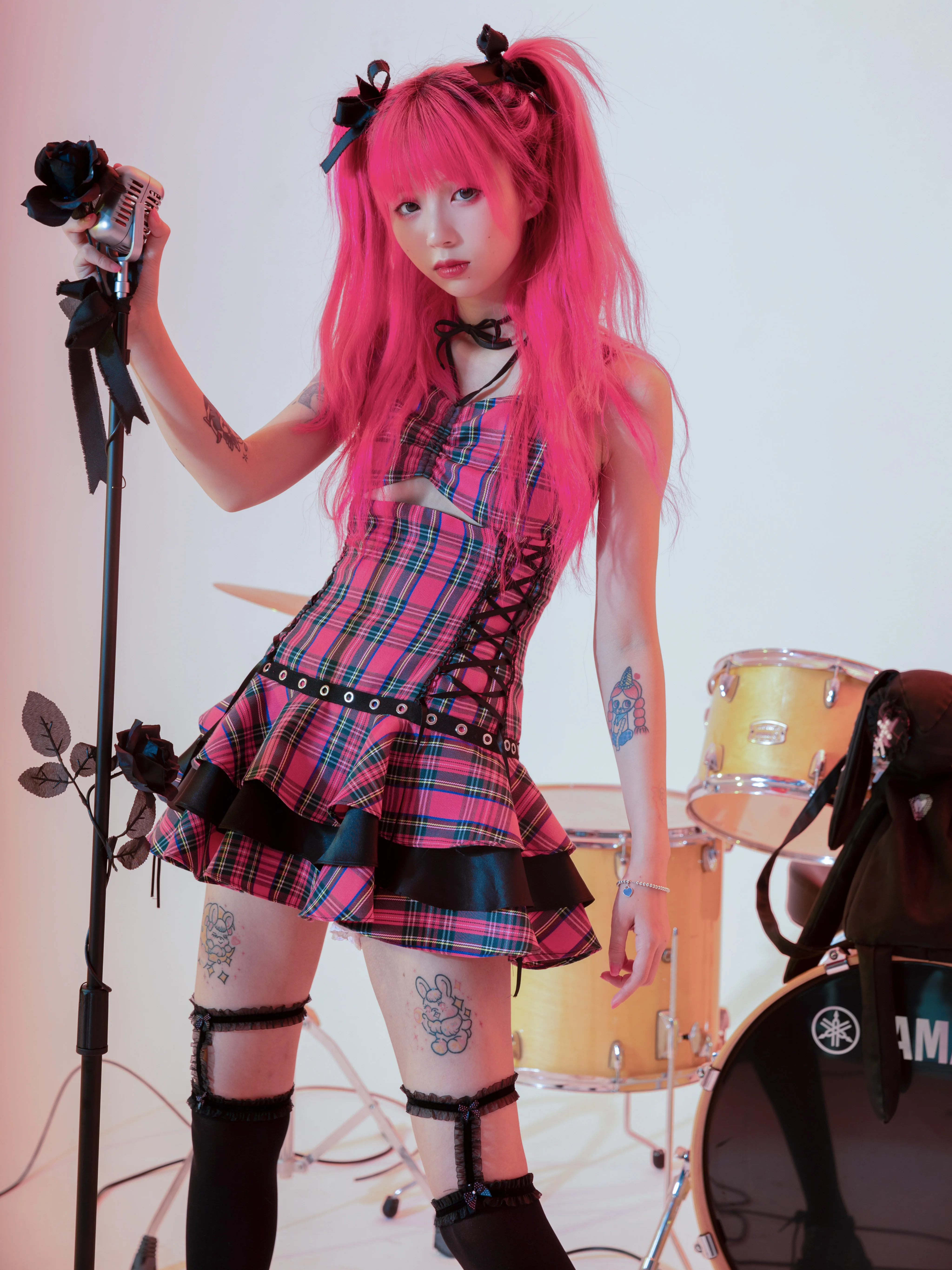 

Rock sweet punk rock and roll lace-up hot girls halter neck sleeveless plaid mini dress