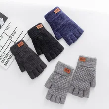 Luvas sem dedos de inverno para homens, luva de malha de lã alpaca com meio dedo para escritório, etiqueta de couro quente, elástica grossa para dirigir