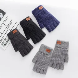 Winter Fingerless Gloves For Men Half Finger Writting Office Knitted Alpaca Wool Warm Leather Label Thick Elastic Driving Gloves