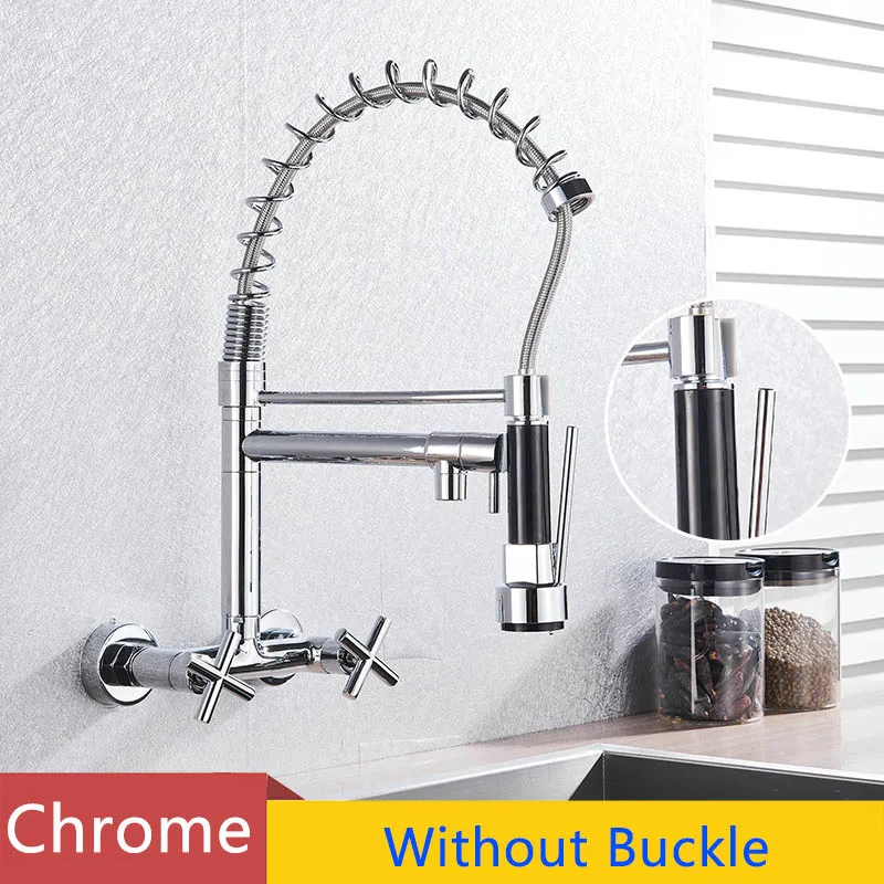 Chrome Spring Kitchen Faucet 360 Rotation Pull Down Hand Sprayer with Buckle Kitchen Taps Wall Mounted Cold Hot Water Mixer Taps - Цвет: Chrome no buckle