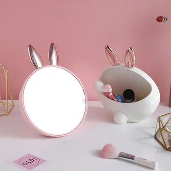 

Rabbit Ears Dressing Mirror With Storage Box Makeup Brush Lipstick Debris Box Girl Makeup Mirror Small Round Cosmetic Mirror