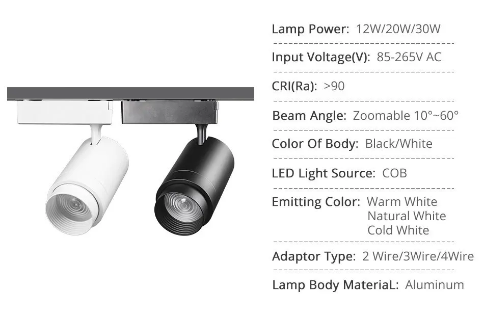 Zoommable 12W 20W 30W LED Track Light 2 3 4 Wire 3 Phase Dimmable Rail Spot Lighting Fixtures Spotlights Track Ceiling Zoom Lamp (2)