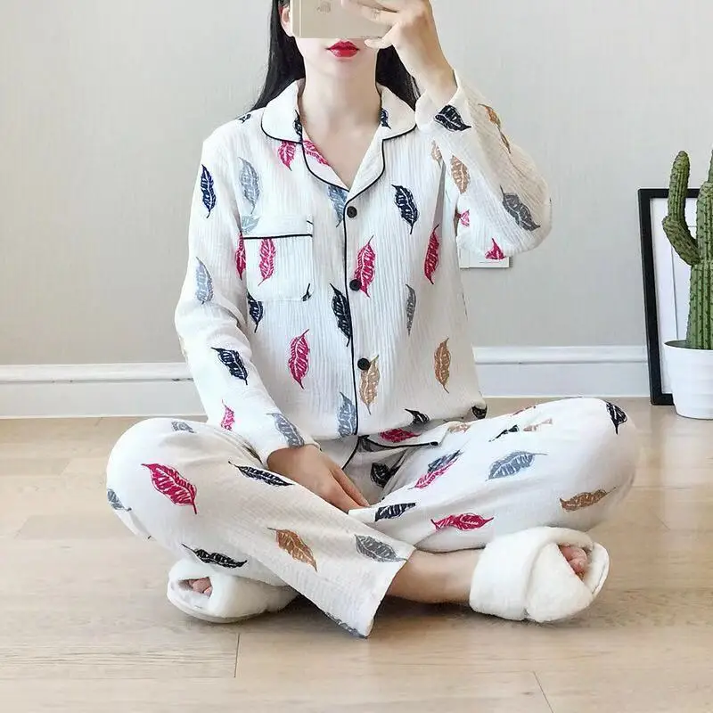 Пижамный комплект, женские брюки с длинными рукавами, Пижама, хлопковый костюм, осенняя тонкая хлопковая пряжа, Женская домашняя одежда большого размера