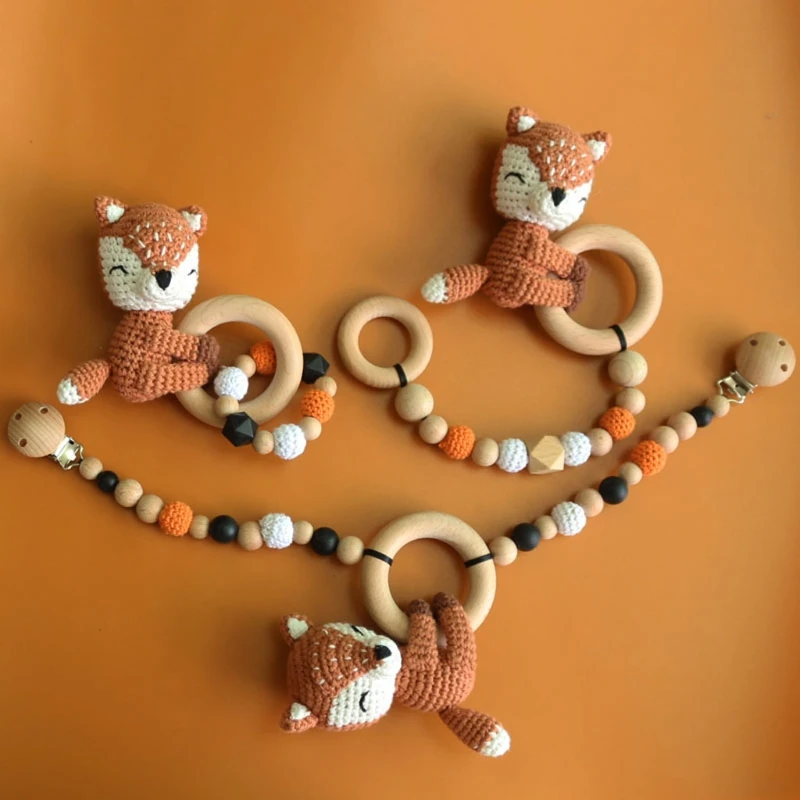 1 Set Baby Play Gym Toys Crochet Elk Fox Rattle Newborn Pram Clips Toy Crib Stroller Mobiles Hanging Bell Wooden Educational | Игрушки и