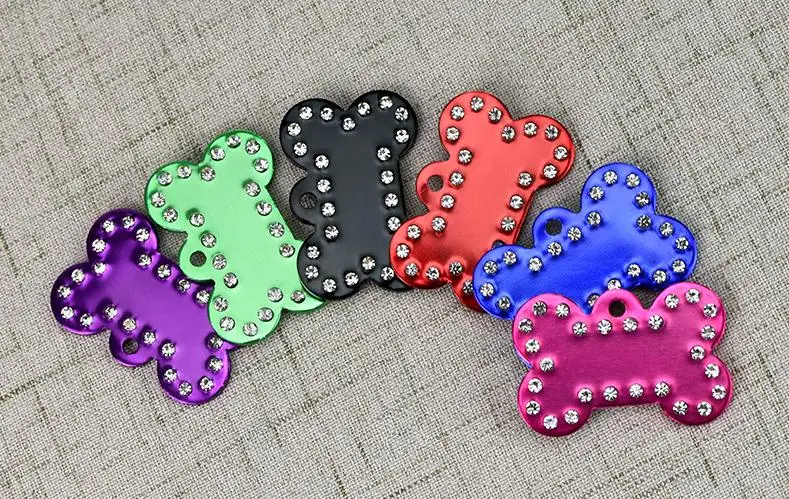 bling rhinestone bone shaped бирка с адресом для домашних животных собака бирка для домашних животных, смешанные цвета/Лот, персонализированные Выгравированные идентификационные бирки SN2111