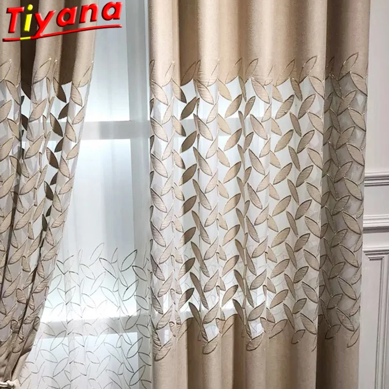 

Luxury Embroidered Coffee Leaves Curtain for Living Room Semi-Blackout Hollow Out Window Drapes for Bedroom X-HM635*VT