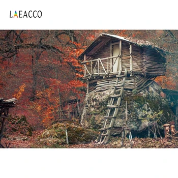 

Laeacco Autumn Landscape Photophone Photography Backdrops Cottage Forest Maple Trees Leaves Photo Backgrounds Photocall Props