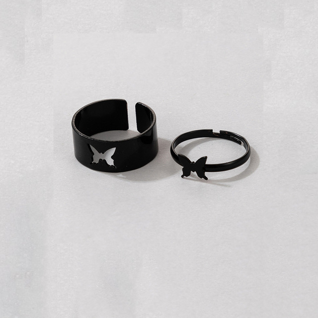 Simple Animal Butterlfly Star Moon Heart Open Rings For Women Girls Gothic Jewelry 2PCS Punk Black Couple Ring Set