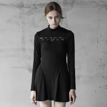 

PUNK RAVE Women Gothic High Collar Skinny Iron Circle Decorative Dress Soft Knit Wrap Rope Hem Sexy Dress