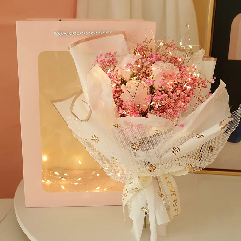 Creative Rose Gypsophila Dried Flower Bouquet + LED Light + Gift Bag Flower Gift Box Valentine's Day Birthday Gift Bride Bouquet