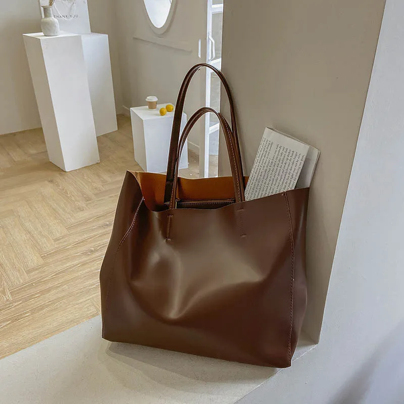 

High Quality Leather Totes Bags For Women Minimalist Singl Shoulder Bags Large Capacity Shoppers Bag Solid Color Women Handbag