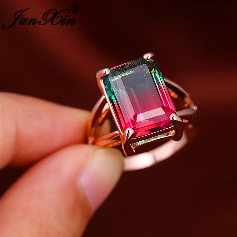 Rose Red Green Женский градиентный Радужный огненный Кристалл прямоугольное кольцо розовое золото зеленый синий красный циркон винтажные Свадебные Кольца для женщин ювелирные изделия подарок - Цвет основного камня: Rose Red Green