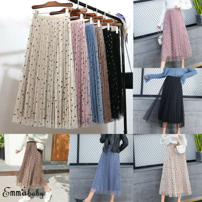 

Women High Waist Spotted Mesh Tutu Skirt Sheer Velvet Pleated Long Party Tulle A line Skirt