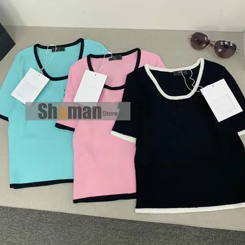 

Paris designer summer Female t shirt candy color knitted letter embroidery short sleeve O neck high end women tshirt shirts tops
