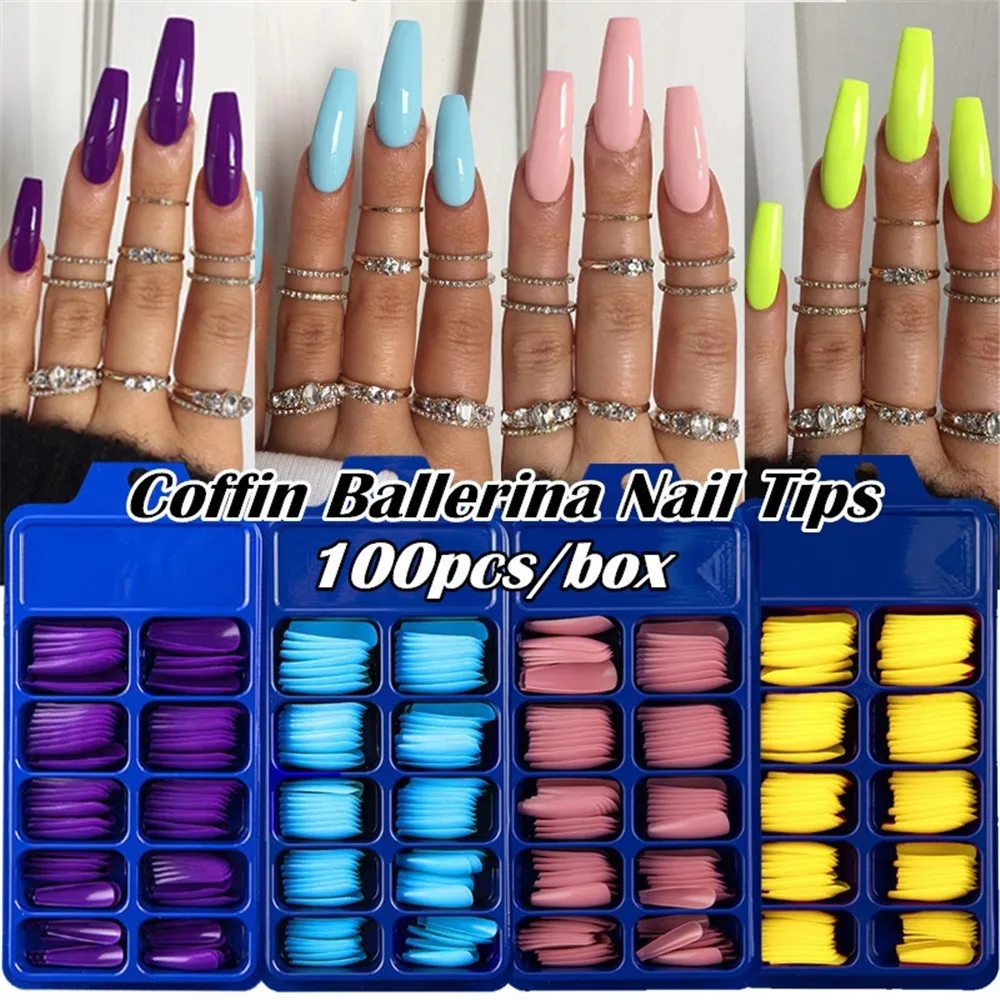False Nail Tips 24/100Pcs Candy Color Full Cover Matte Acrylic Ballerina Fake Nails DIY Beauty Manicure Extension Tools