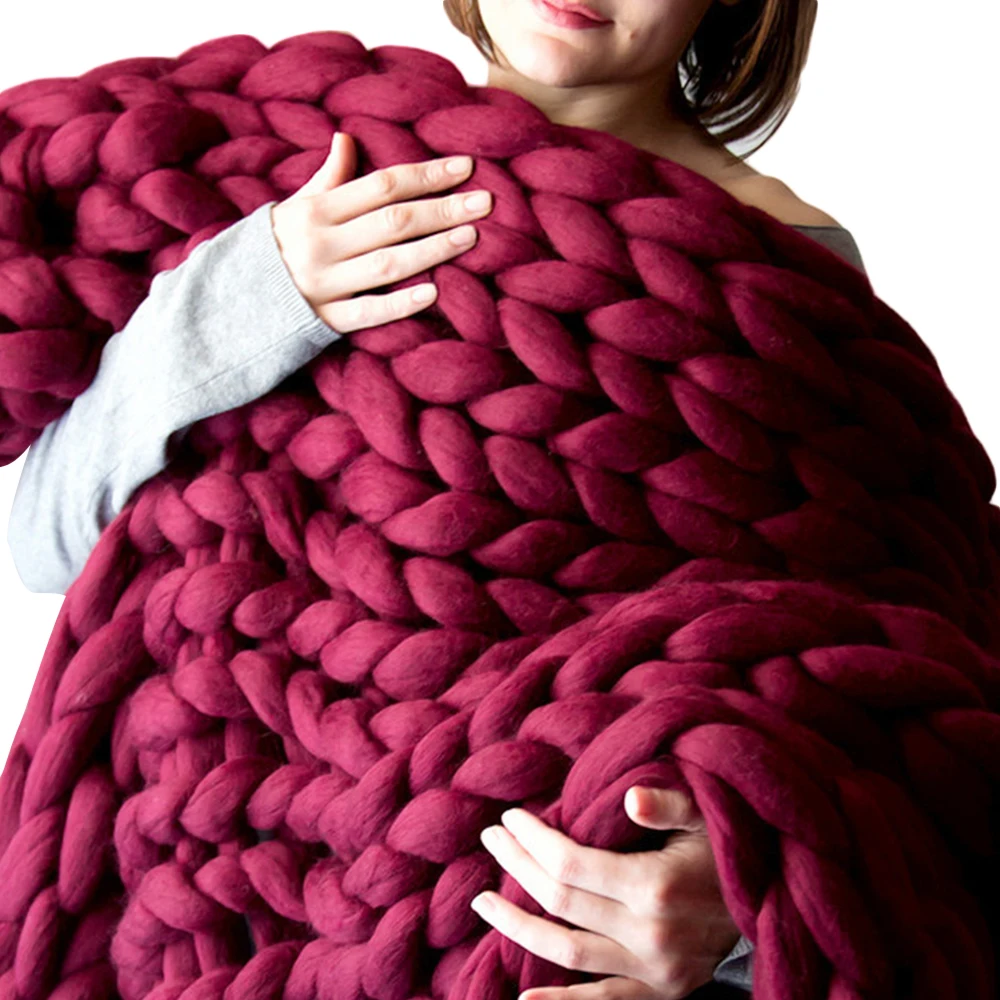 Зимнее одеяло для дивана, теплое вязаное пушистое одеяло ручной работы, шерстяное одеяло, удобные аксессуары - Цвет: wine red