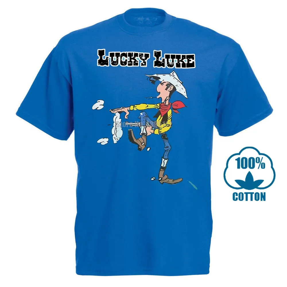 Lucky Luke Comics ковбой Уайлдер Вестерн Прохладный Лето Мужская Новая футболка Личность граффити - Цвет: Синий