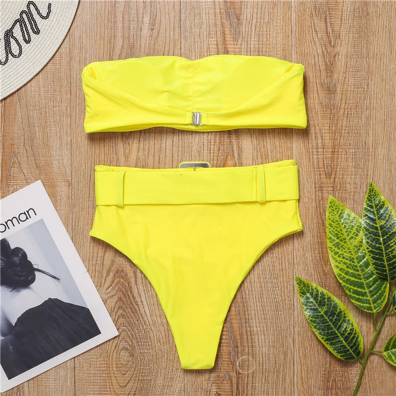 Высокая талия бразильский неоновое бикини пояс купальники для женщин Бандо купальник женский из двух частей купальный костюм летние купальники бикини