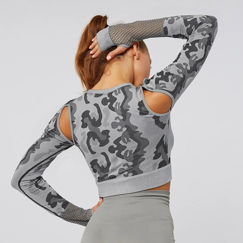 Kaminsky, длинный рукав, для тренировок, топы для женщин, бесшовная футболка для спортзала, сексуальный, полый, спортивный топ, для женщин, камуфляж, для фитнеса, футболка для женщин