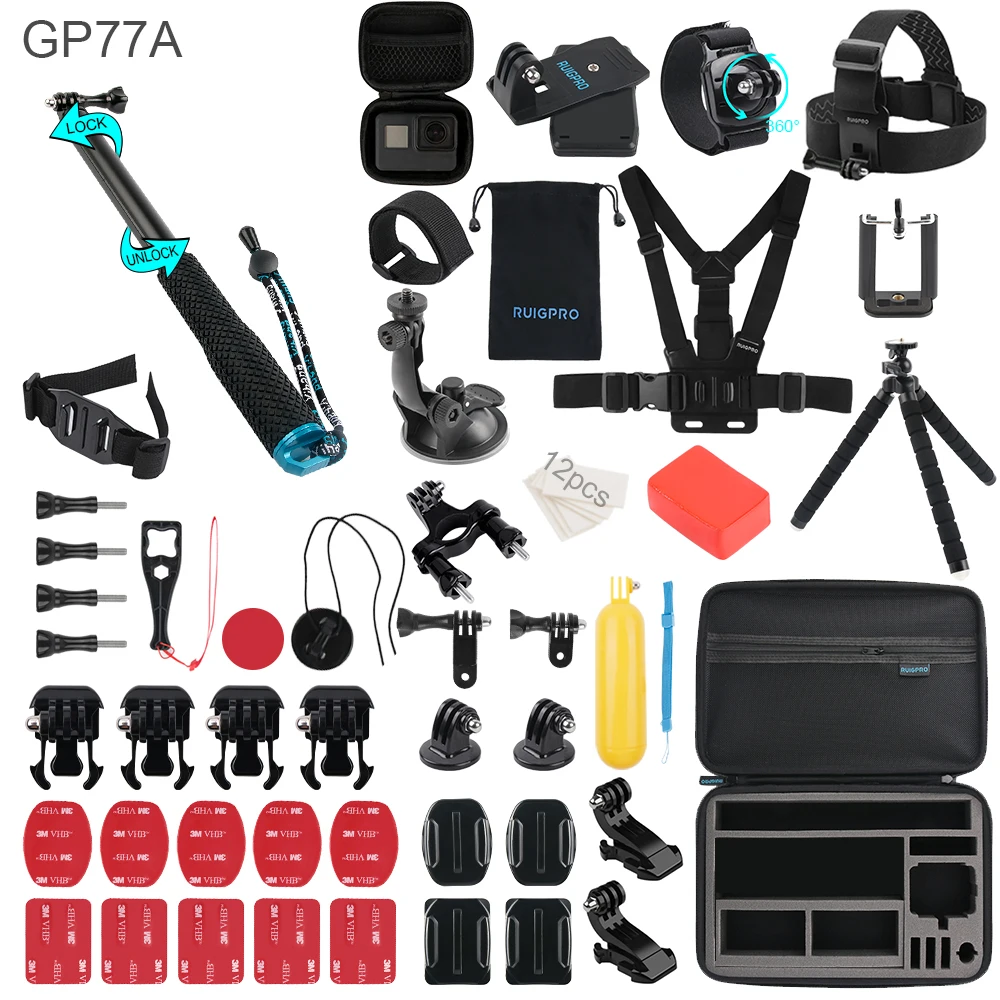 GP77A Для Gopro набор аксессуаров для go pro hero 8 7 6 5 4 3 комплект 3 способ селфи нагрудный ремень на голову палка для Eken h8r xiaomi yi EVA чехол - Цвет: GP77A