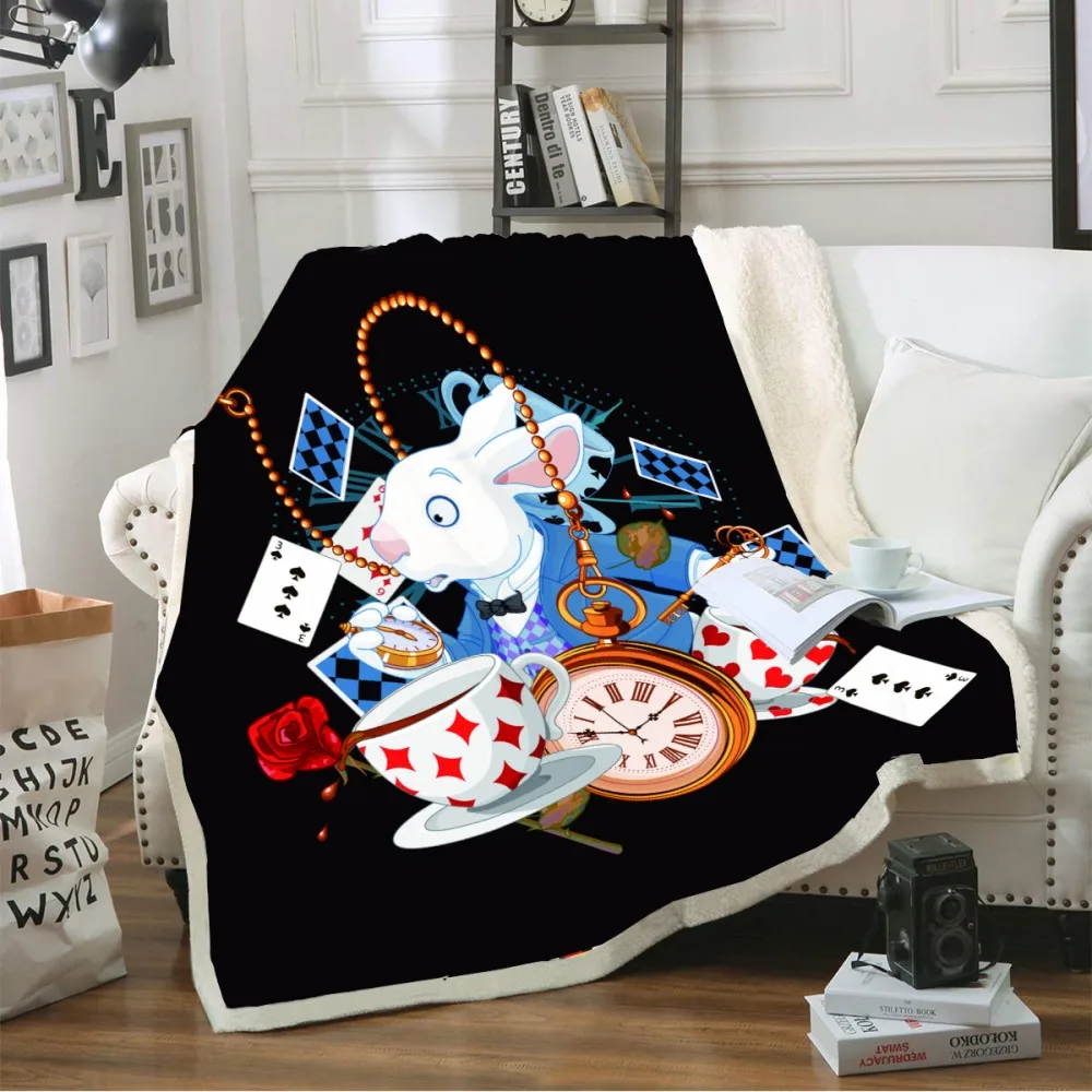 

Sherpa Fleece Blanket White Rabbit Pocket Watch Poker Throw Blanket Kids Cartoon Cozy Blankets Warm TV Blanket Sofa Bed Cover