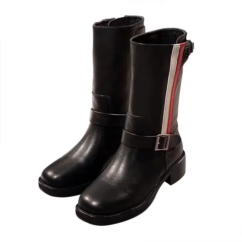 

Fashion Red White stripe Boots Women Autumn Winter Women Boots Genuine Leather Round Toe Block High Heels Buckle Woman Shoes