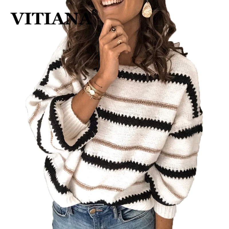 VITIANA, повседневный вязаный женский свитер, осень, пуловер с длинным рукавом, вязанные свитера, Femme, в полоску, элегантная свободная зимняя одежда
