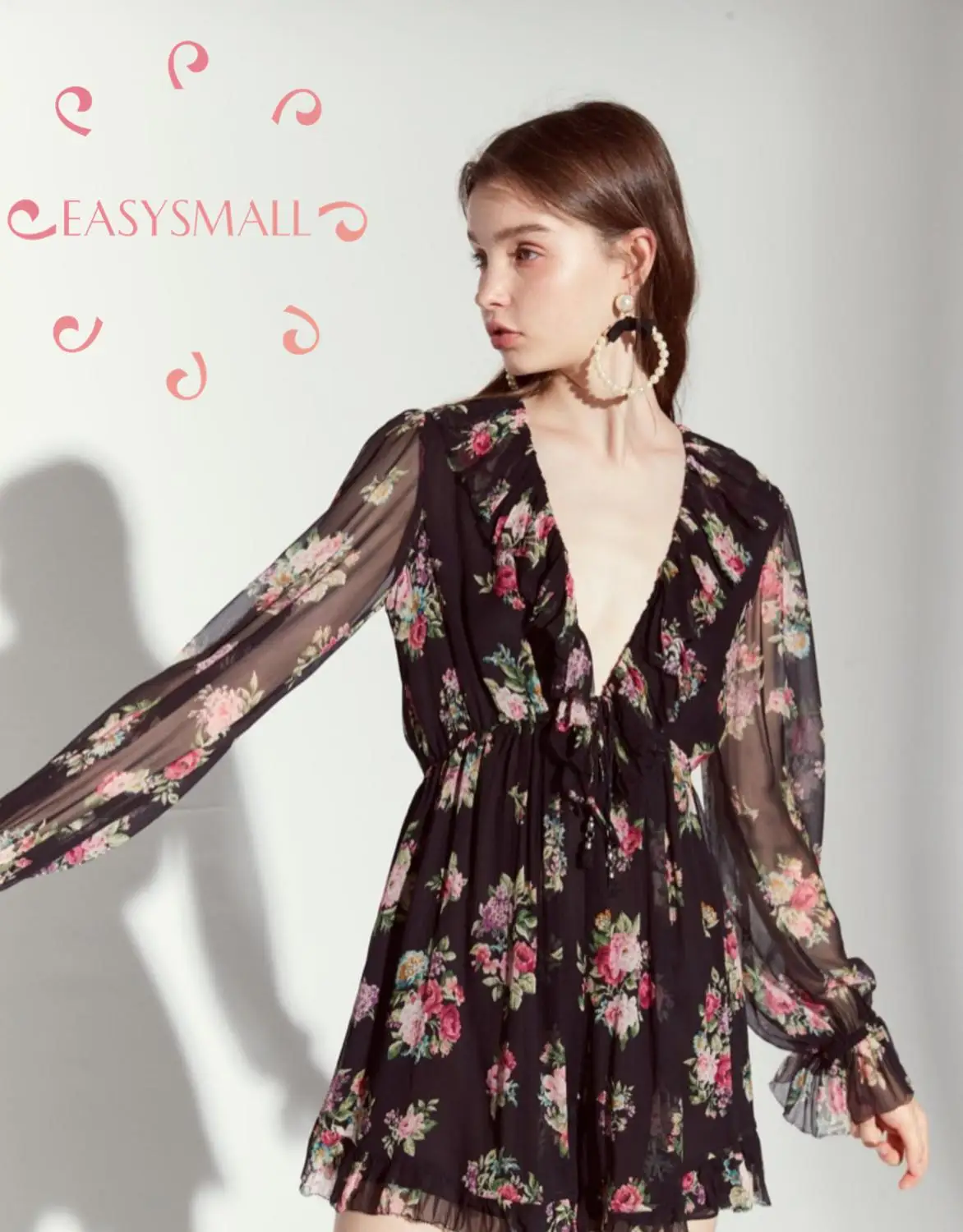 EASYSMALL ZIMMER Vrouwen jurk Mode Sexy high-end Zwart gedrukt ruffle party avond Hoge Taille Lange mouwen Jurken EASYSMALL ZIMMER Vrouwen jurk Mode Sexy high-end Zwart gedrukt ruffle party avond Hoge Taille Lange mouwen Jurken