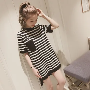

Women Dress O-neck Stripe Print Dresses Casual Open Fork Short Sleeve Summer Party Dress vestidos ropa mujer платье
