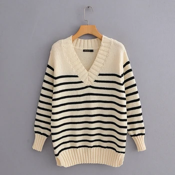 

Hchenli Brand 2019 Women White Black Stripe V-Neck Sweater Wholesale