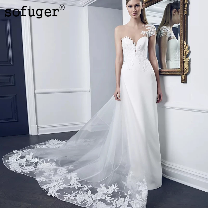 Fantastic Mermaid Ivory White Wedding Dress Lace Appliques Robe De Mariee Sofuge Dubai Arabic Abiti Da Sposa Sleeveless
