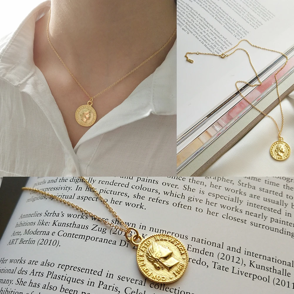 Portrait Gold Medallion Round Coin Pendant Choker Necklace Large Disc Necklace S925 Silver Personalized Necklace Boho Jewelry - Окраска металла: F1493