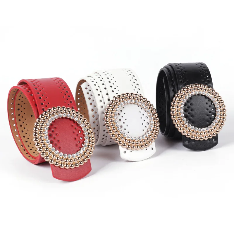 

New Retro Round Buckle Set Diamond Hollow Women's Belt Pin Buckle Black White Width 5 Cm Coat Dress Decorative Waist Seal