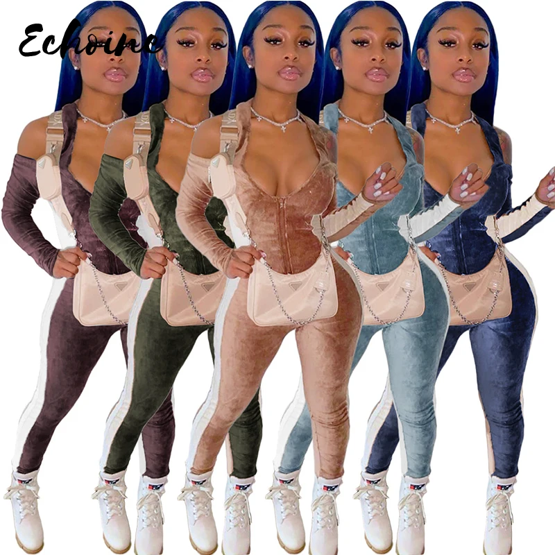 

Women Velet Jumpsuit Romper Bodycon Playsuit Autumn Fashion Halter Off Shoulder Long Sleeve Sexy Club One Piece Outfit Overalls