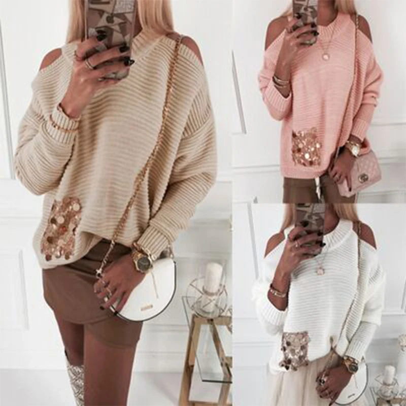 Women 's Fahsion Clothing Sexy Off-shouldered Sequin Pocket Loose Top Long Sleeve Round Collar Patchwork Pullover Ladies T-shirt