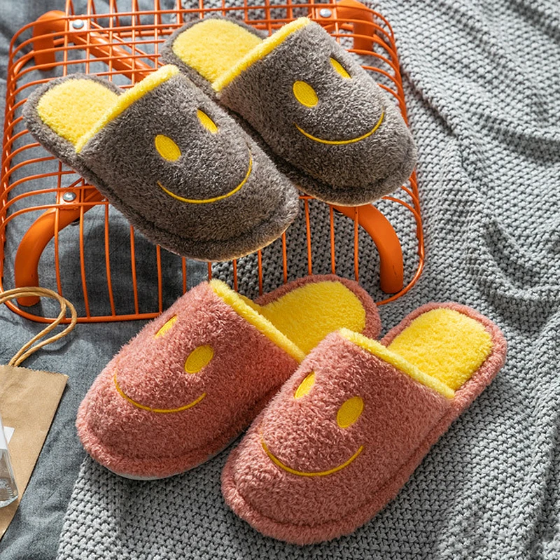 

Cartoon smiley furry slippers for female 2020 Winter Cute cotton slippers House shoes for girls sewing soft indoor slipper women