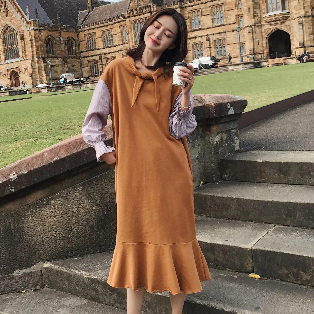 

Photo Shoot CHIC GIRL'S Heart Bandage Cloth Front Point ling wei Dress INS Shirt Sleeve Joint Mock Two-Piece Fishtail Dress