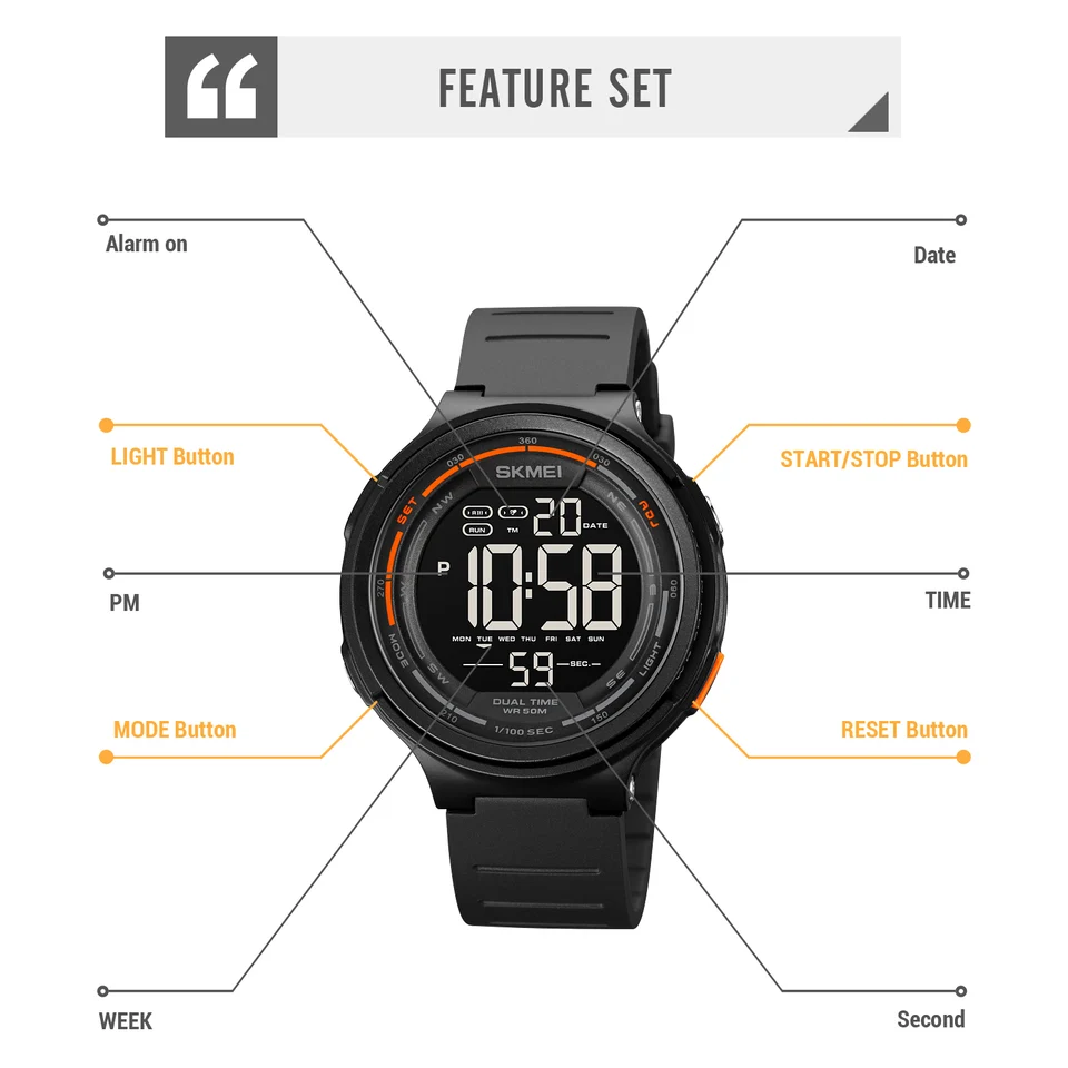 Orologio Digitale Militare Uomo, 49 Mm, Multifunzione Con Doppia Ora, Sveglia, Cronometro E 50 M Impermeabile