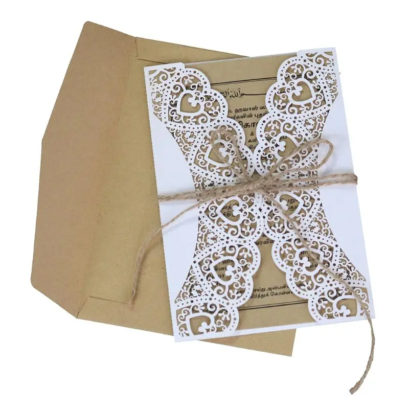  10pcs/set 10pcs/set Rustic Laser Cut Wedding invitations Cards Lace Burlap Tie Invite Envelopes Kit - 4.00036E+12