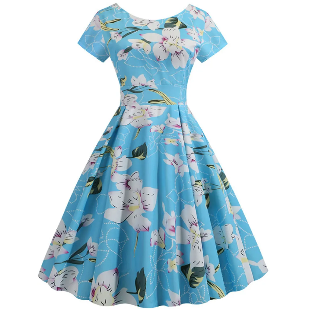 Для женщин летнее платье с цветочным рисунком 50s Винтаж Повседневное элегантное платье с круглым вырезом и принтом вечерние работы деловая модельная одежда ретро рокабилли Vestidos# J30 - Цвет: Небесно-голубой