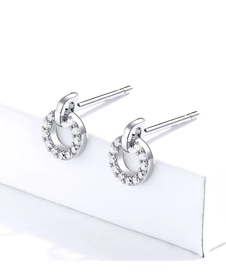 Счастливые серьги BISAER,, 925 пробы, серебро, кубический циркон, Круглый Круг, маленькие серьги-гвоздики для женщин, ювелирные изделия ECE767
