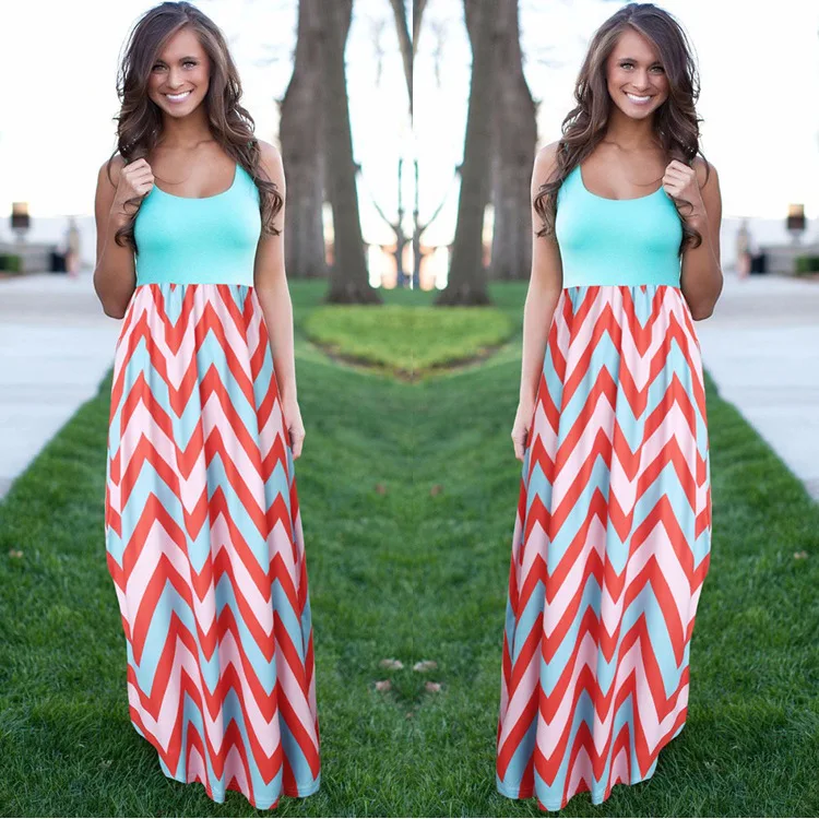 

2016 New Style Europe And America Color Wave Pattern Dress Stripes Formal Dress
