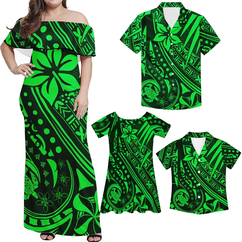 thumbnail image 2 of Vestido verde con hombros descubiertos de HYCOOL, conjunto a juego para mamá e hija, ropa tribal polinesia, conjunto familiar, regalos de Navidad para papá, 2 of 5