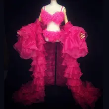 Розовый красный парик бикини с длинным шлейфом пальто Сценический костюм набор ночной клуб бар женщины певец танцор подиум для моделей вечерние танцевальная одежда