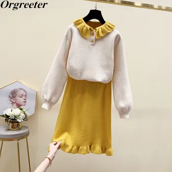 

Sweet Girls Sweater and Knitted Skirt 2 Piece Set Autumn Winter New Ruffles Collar Pullover Tops and Ruched Hem Skirt Outfits