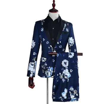 

Floral Lapel Slim Wedding Men Suit Jacket With Pants 2 Pieces Print Flower Club Gala Prom Dancer Blazer Coat Sports Suit 2020