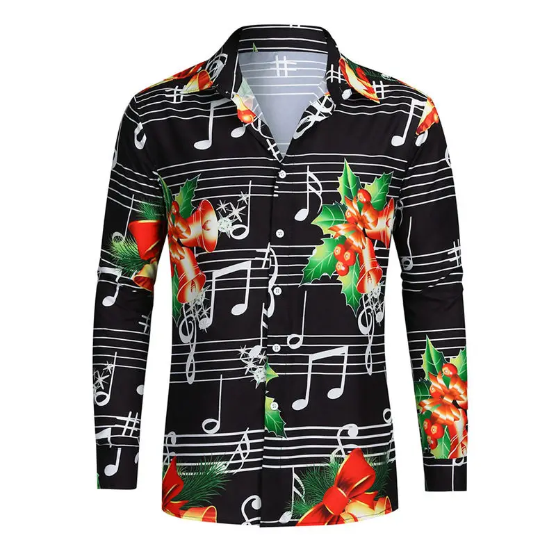 music Shirt Новинка, Рождественская модная мужская рубашка с 3d принтом в виде музыкальных нот, рубашка с длинным рукавом на пуговицах, Уличная Повседневная Облегающая рубашка, Camisas Hombre - Цвет: music Shirt