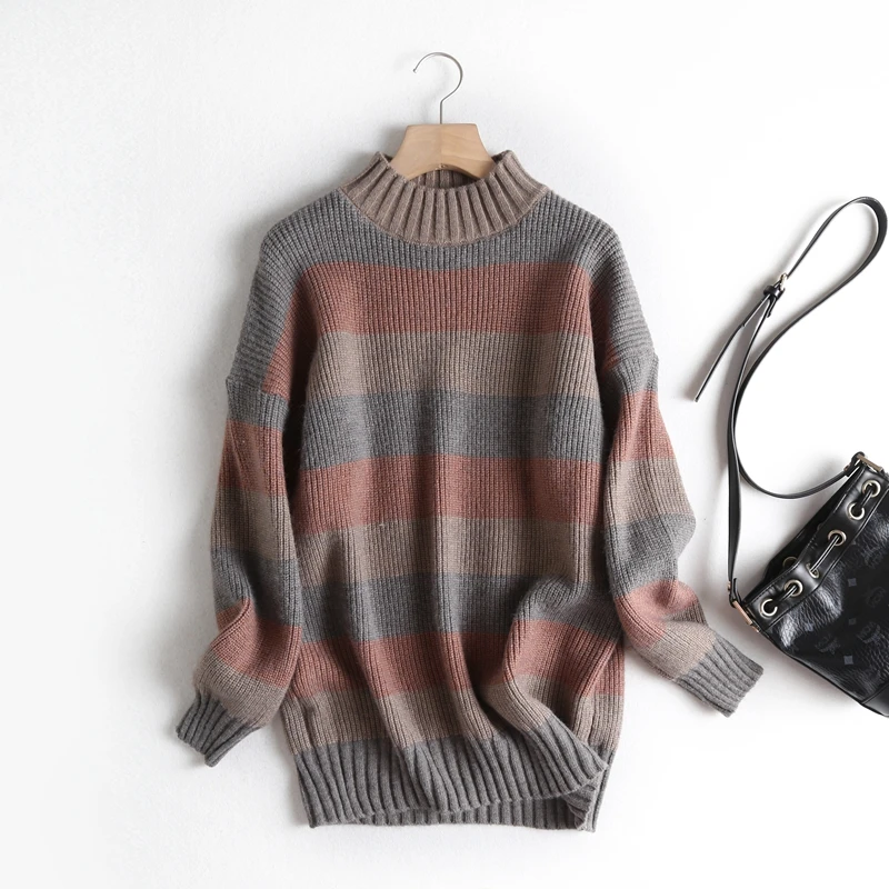 Tangada women stripe pattern oversize long jumper sweater atumn winter fashion long sleeve o neck pullovers tops BC58 - Цвет: Коричневый