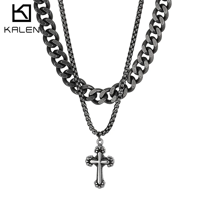 

Ожерелье с двойной цепью Kalen винтажный крест-кулон, кубинская цепь, мужские и женские ювелирные изделия, чокер