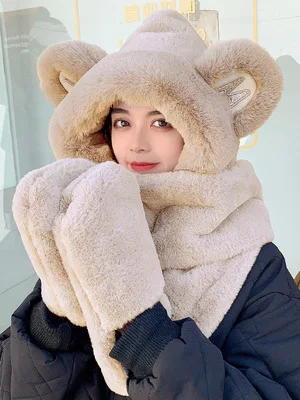

hot selling winter hat 3 in 1 women keep warm ear protection bomber scarf hat cute bear model for young girl street wear